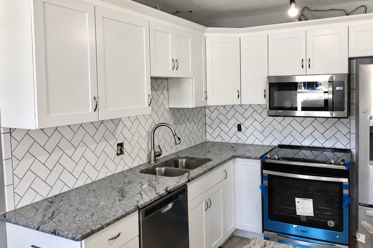 Finished kitchen with white shaker cabinets, a herringbone tile backsplash, a gray granite countertop, and a stainless range