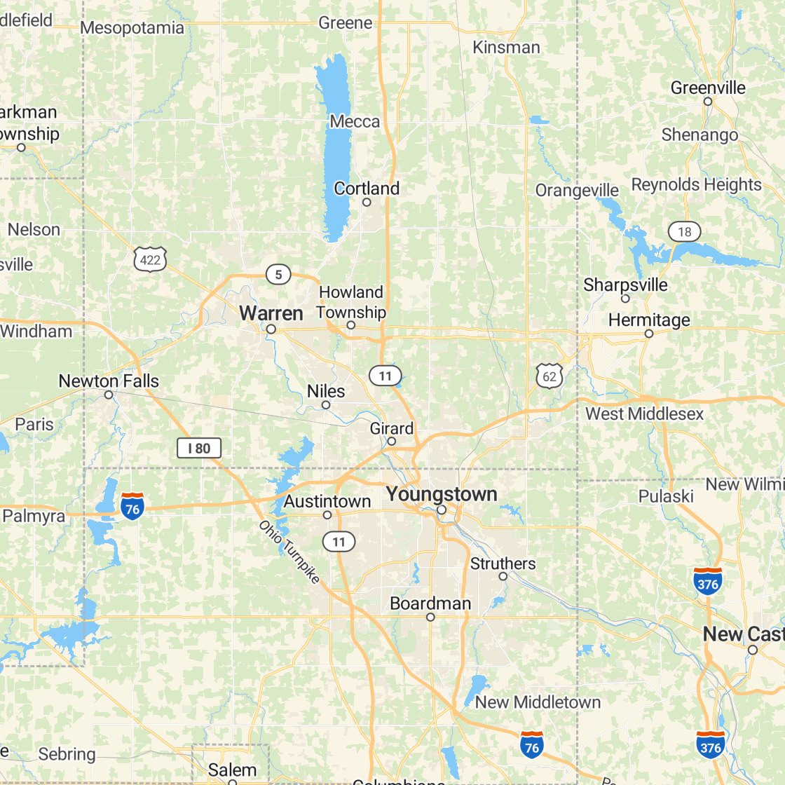 Map of the Mahoning Valley from Warren and Youngstown east to Hermitage, PA, with the towns around them